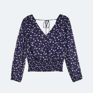 Lush Navy and White pattern sheer sleeve shirt
